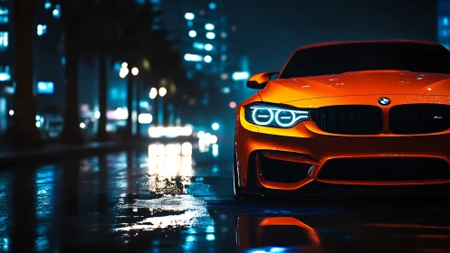 Neon rain crowns an orange sports car stalking city streets
