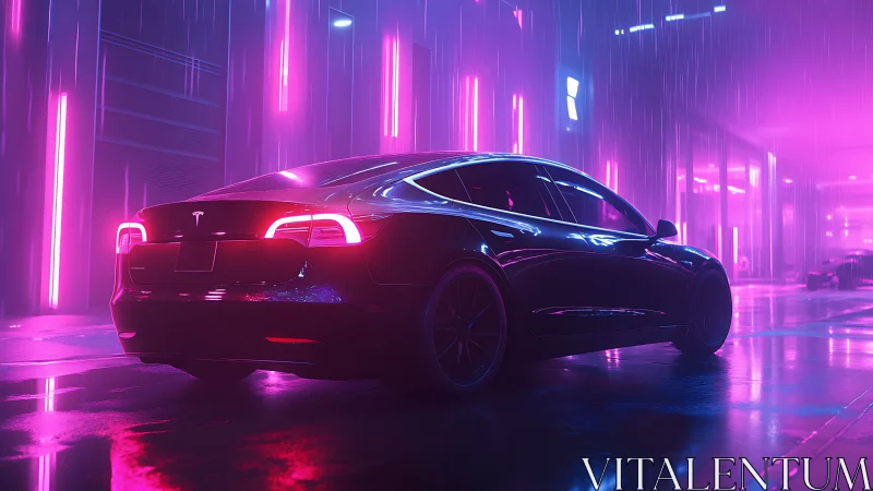 Electric sedan glows under neon rain in cyberpunk alley.