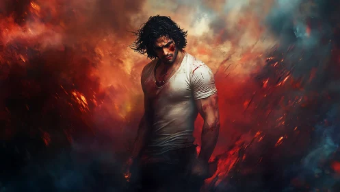 Storm-hearted wanderer standing strong in swirling firestorm.