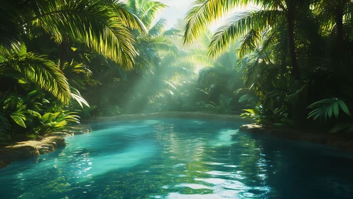 Sunlit jungle lagoon with clear blue reflective water.