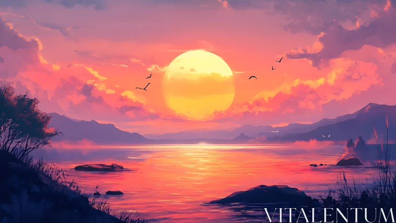 Sun dominates stylized coastal sunset with distant mountains
