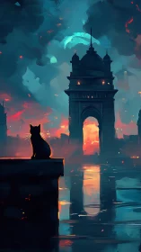 Mystic city sunset watched by a quiet, curious black cat.