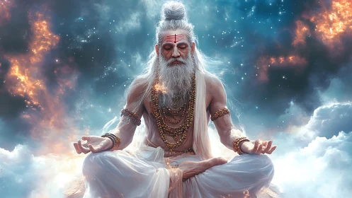 Celestial sage in meditation amid cosmic storm of light.