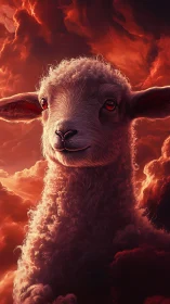 Gentle lamb rises from glowing sunset clouds in soft light