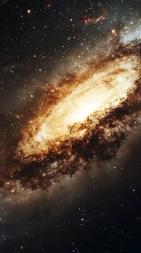 Spiral galaxy blazing with golden stellar dust clouds.