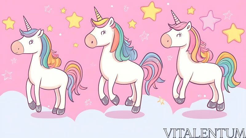 Three cartoon unicorns stand on clouds under starry sky