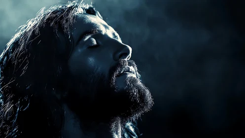 Bearded man in side profile under moody blue light.