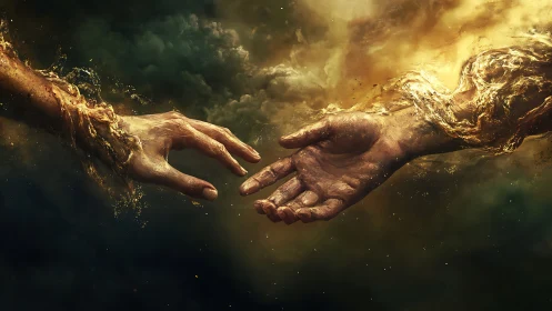 Cosmic liquid hands almost touch, stirring a storm of light