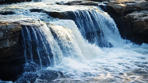 Low cascade over stratified rock ledge with sunlit whitewater