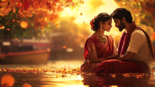 Golden hour romance blooms where autumn leaves waltz with timeless devotion