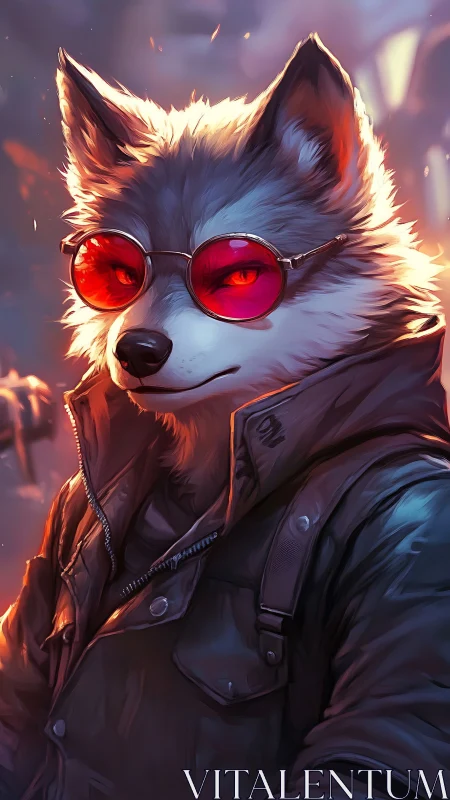 Anthropomorphic wolf in red lenses under cinematic rim light