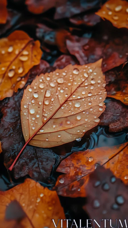 Copper leaf with raindrops on saturated autumn foliage.