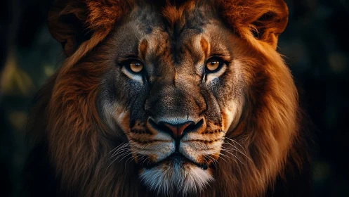 Ultra-detailed frontal lion portrait in low-key warm lighting