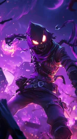 Hooded infernal scarecrow wields neon fire amid violet storm