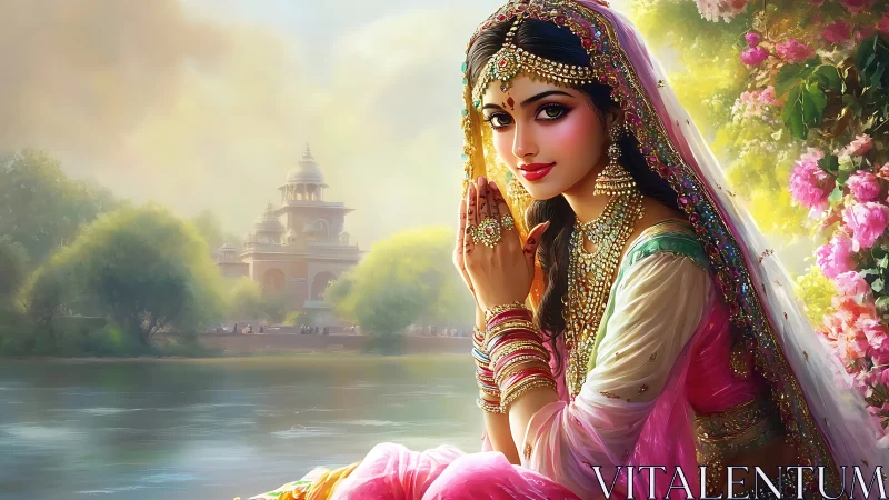Ornate Indian woman in jeweled attire by river with temple backdrop