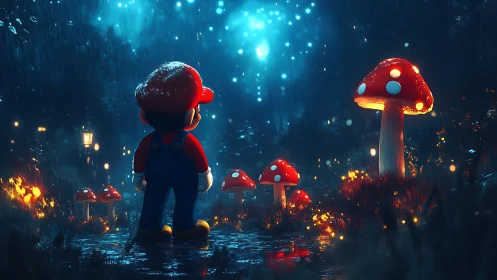 Luminescent forest platformer hero under bioluminescent rain