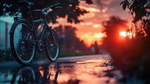 Bicycle positioned on wet ground during sunset with reflected light