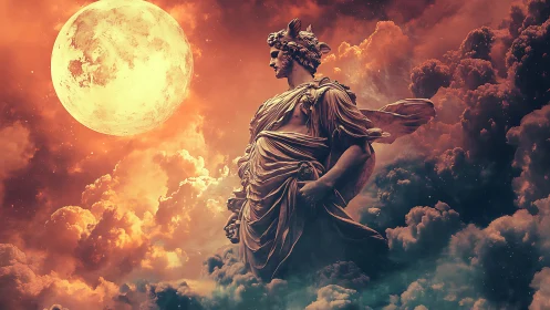 Mythic stone statue set against glowing lunar sky.