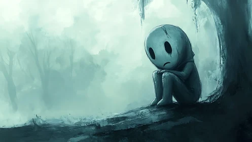 Quiet blue friend curled in a misty forest of feelings.