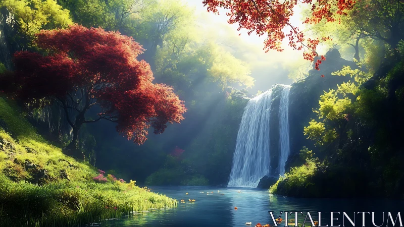 Whispering waterfall glows beneath crimson forest canopy.