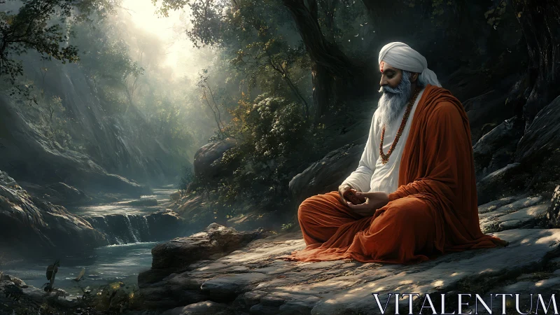 Elderly sage meditating beside misted forest river gorge