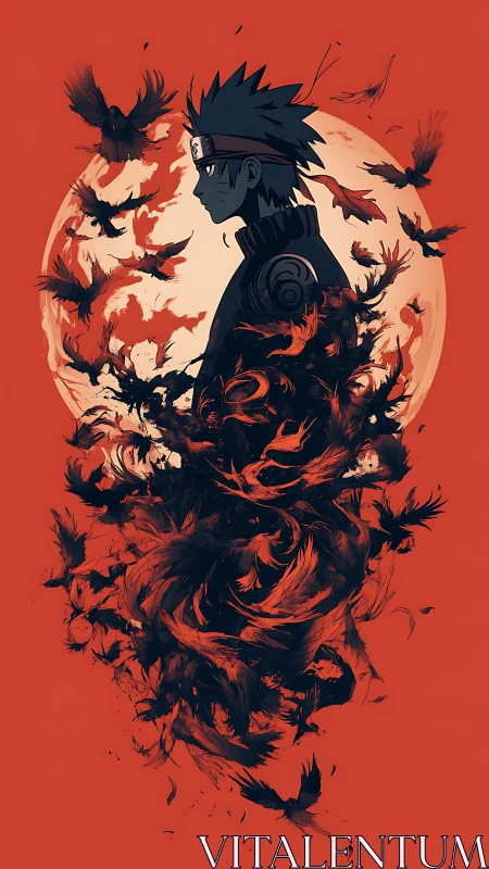 Ninja silhouette dissolves into swirling black crows and fire.