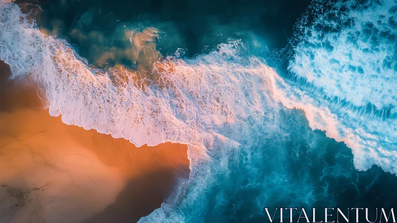 Aerial surf convergence over sunlit shoreline gradient.