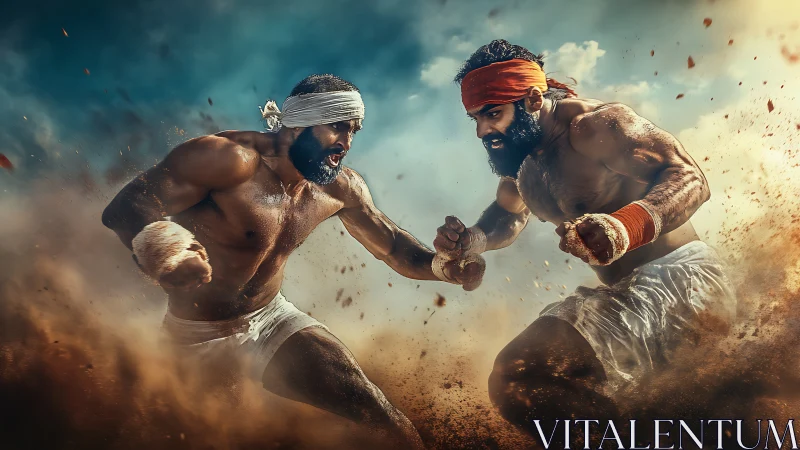 Two fighters engaged in combat with dust and atmospheric effects