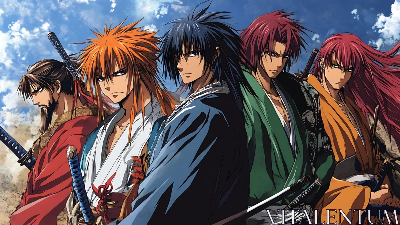 Group of anime swordsmen in traditional samurai attire outdoors.