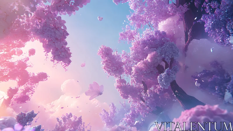 Pink and purple fantasy trees rise among soft pastel clouds