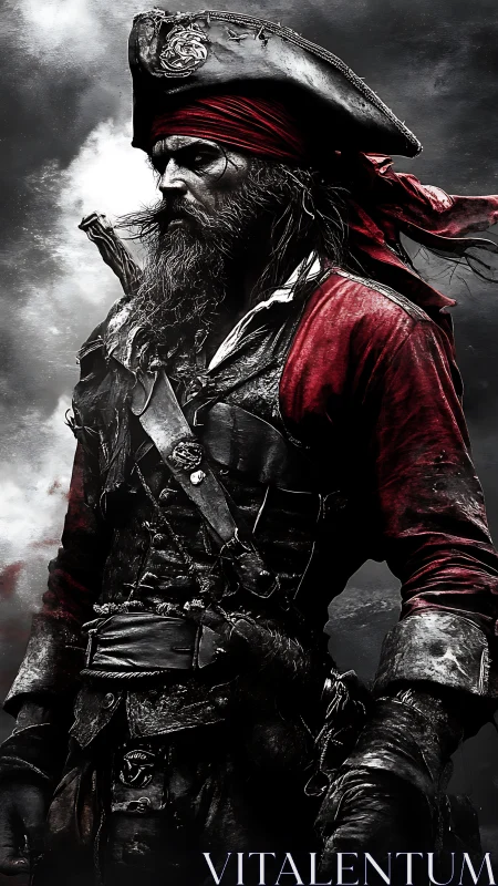 Storm-toughened pirate captain stands bold against dark seas