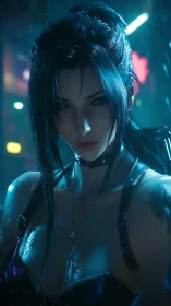 Neon-soaked cyberpunk heroine under rain-drenched lights.