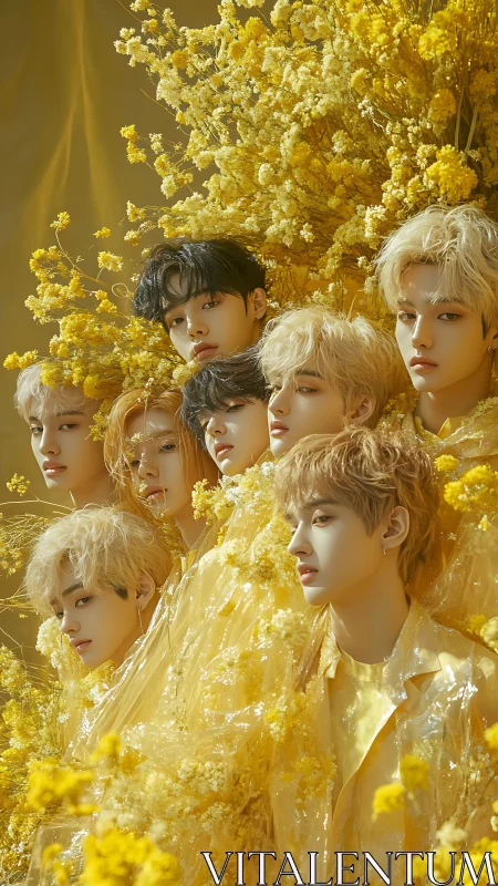 Golden floral portrait of eight stylized youth faces.