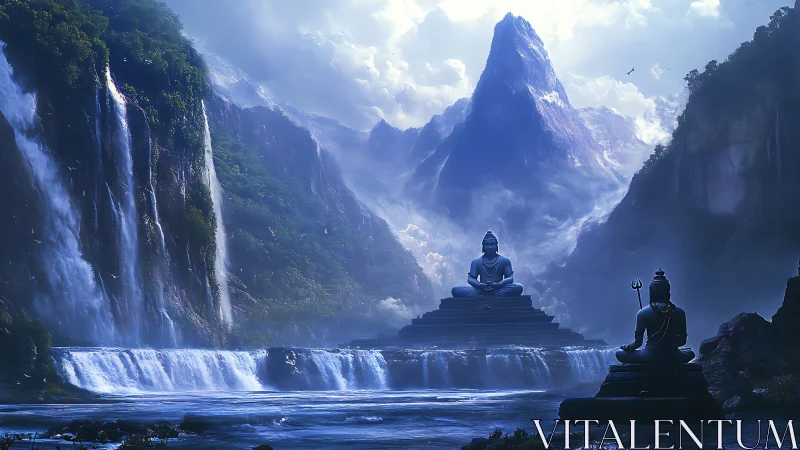 Mystic mountain temple with serene river deity statues.