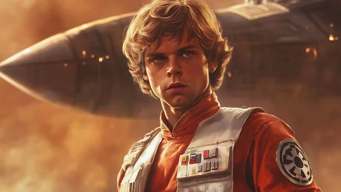 Cinematic starfighter pilot portrait under warm atmospheric backlight