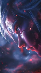 Stoic anime warrior glows against swirling cosmic embers.