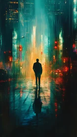 Solitary figure in neon drenched rain swept cyberpunk avenue