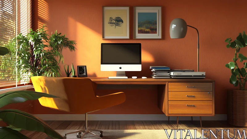 Home office desk with computer, plants and warm orange wall