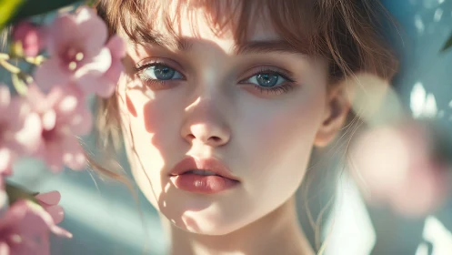 Soft spring portrait frames serene gaze in dappled light.