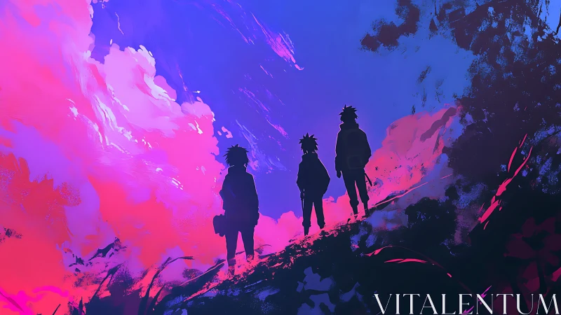 Silhouetted figures stand on ridge against saturated sky