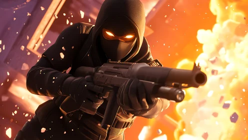 Masked hero strides through glowing chaos with fierce focus.