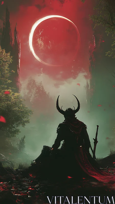 Crimson eclipse above horned warrior in misted forest realm.