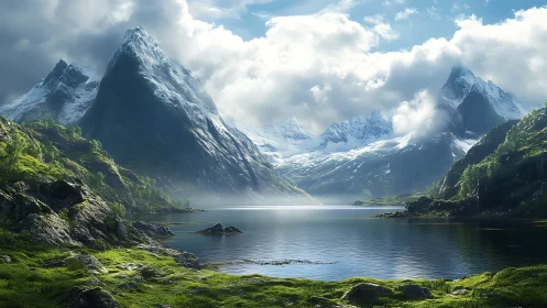 Snow-covered mountains rise above a calm glacial lake