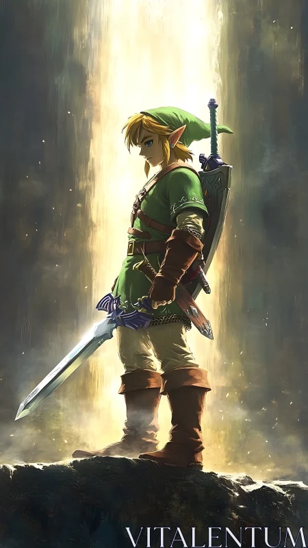 Fantasy swordsman in green tunic under vertical light beam.
