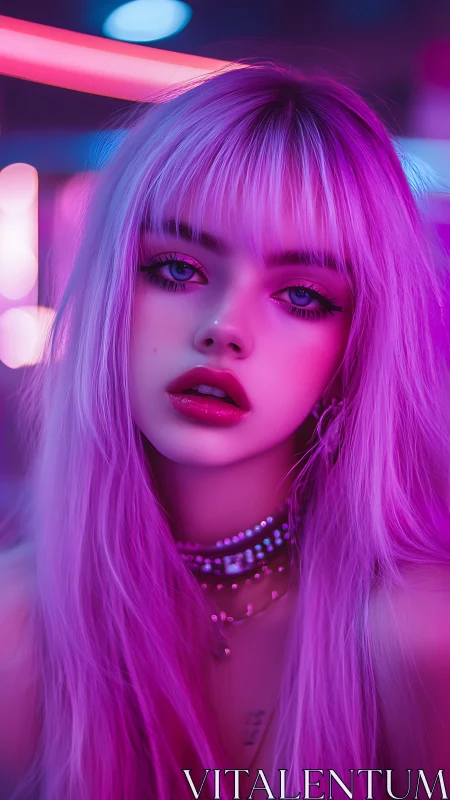 Neon lit portrait of a stylized young woman with pink hair.