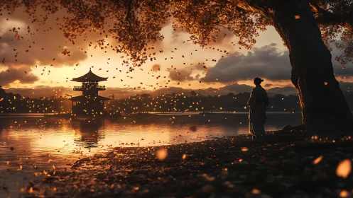 Autumnal lakeside pagoda at sunset with robed figure observing.