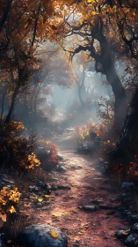 Autumn forest pathway with mist and golden foliage canopy