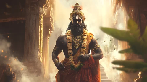 Digital depiction of garlanded deity in temple corridor.