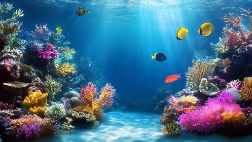 Digital coral reef scene depicts tropical fish in clear water