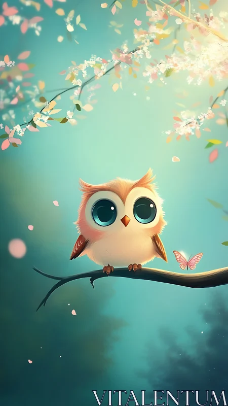 Soft-lit stylized owl with enlarged eyes perched on branch in bloom